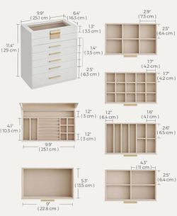 SONGMICS Jewelry Box Organizer 6-Layer Storage w/ 5 Drawers w/ Glass Lid Modern - Cloud White