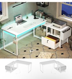 SEDETA 55" L Shaped Desk, Reversible Corner Office Desk with Lock Drawer for Legal/Letter Size, Small Desk with Power Out