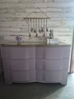 Refinished Solid Wood 6 drawer dresser w/glass top