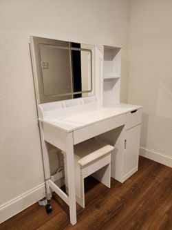LED Makeup Vanity Desk with Mirror, Lights & Storage Stool Included
