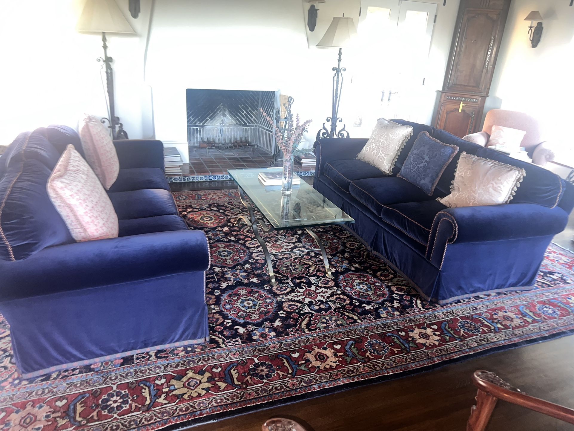 2 Vintage Velvet Blue Sofa Sets 