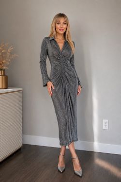 Wayf Silver Ruched Long-Sleeve Midi Dress