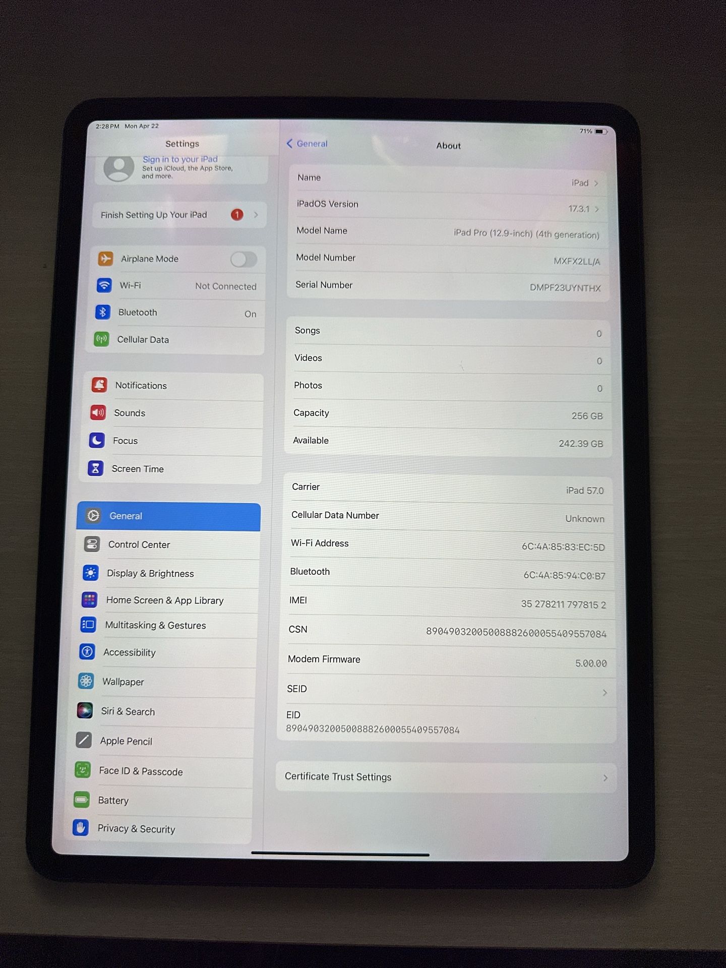 IPAD PRO 12.9 4TH GEN 256 GB CELLULAR 