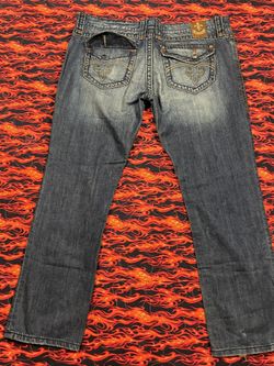 Men’s Rock Revival Jeans Size 44x32 Thick Stitched Blue Jeans Wide Leg Dark Wash