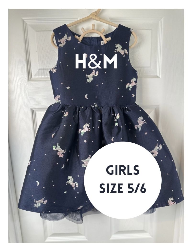 GIRLS H&M Navy Unicorn Dress | Size 5-6y