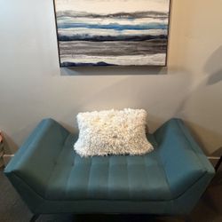 Dark Teal Upholstered Bench With Framed Painting