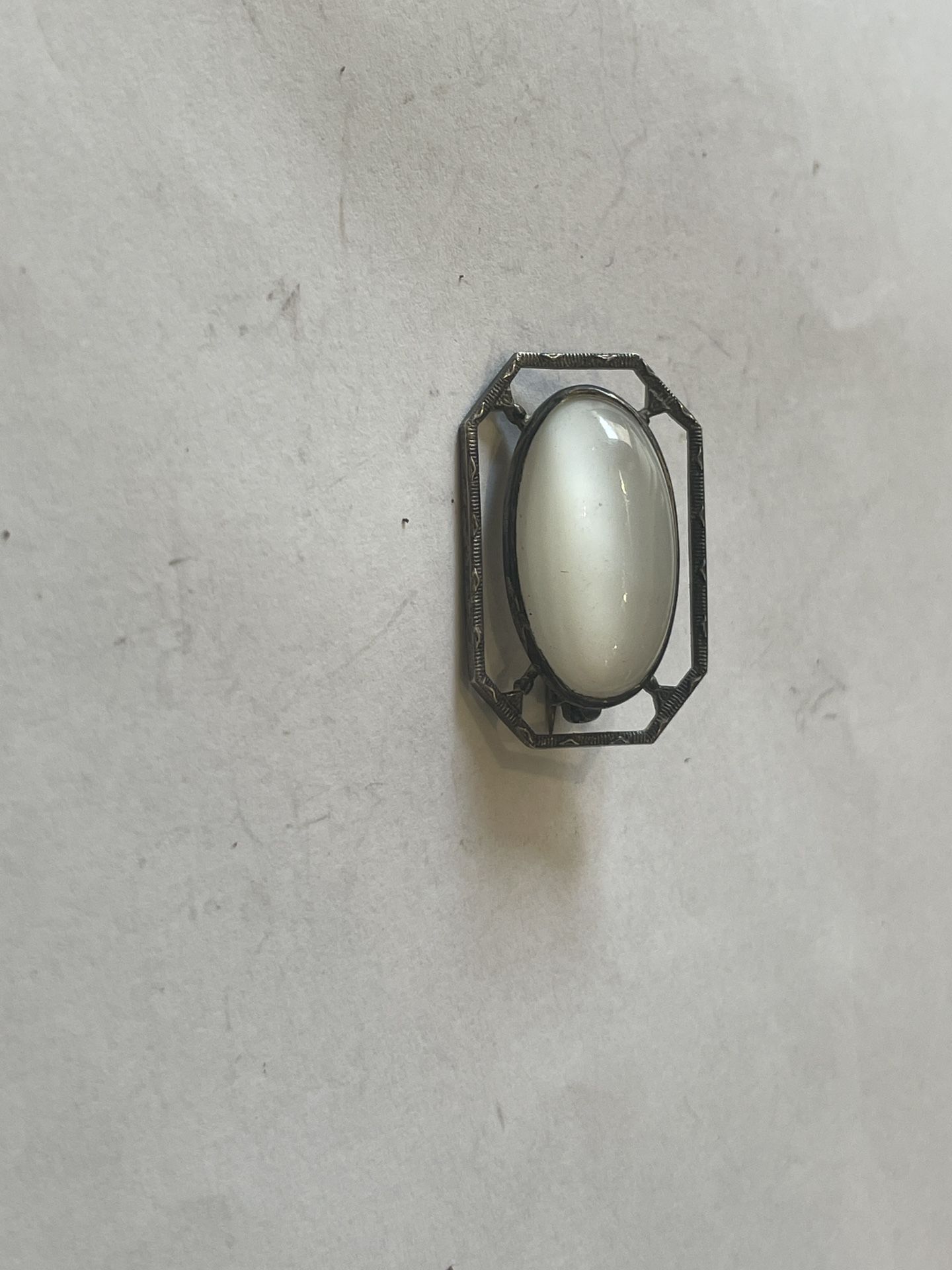 Vintage Sterling Silver Art Deco Brooch – Oval White Moonstone Cabochon Pin