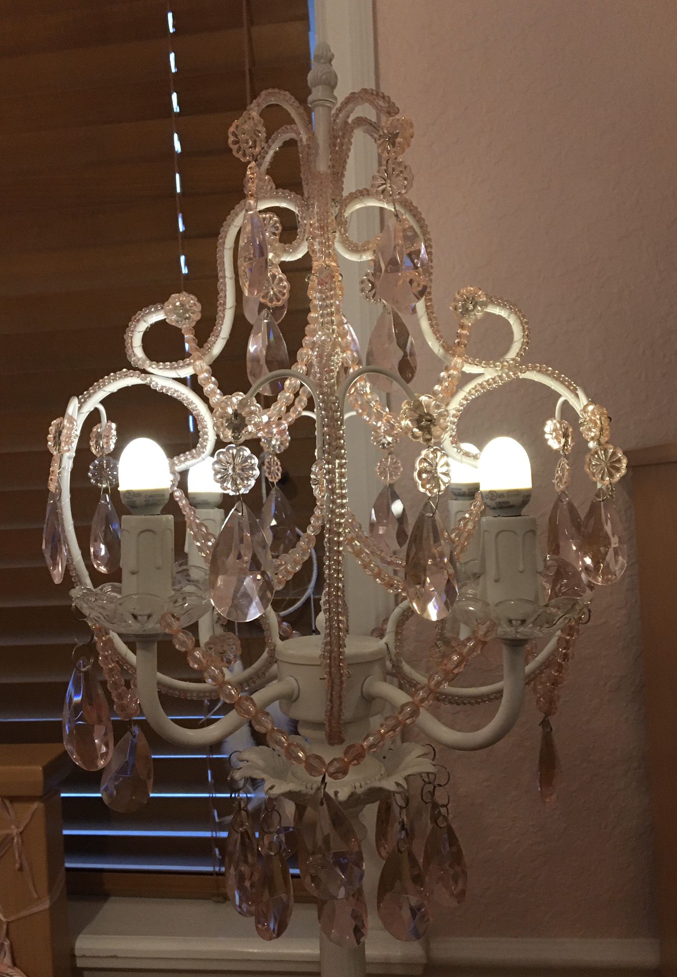 Floor chandelier light pink and white wrought iron