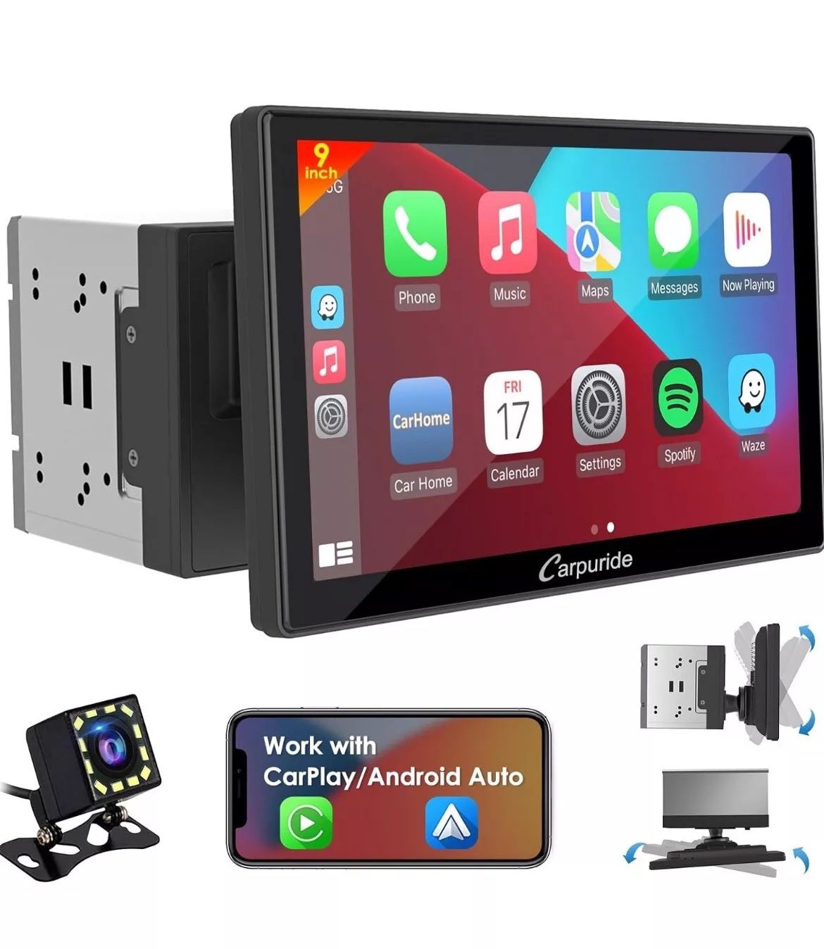 Carpuride 9 Inch Wireless Double Din Car Stereo Apple CarPlay Touch Screen Cam