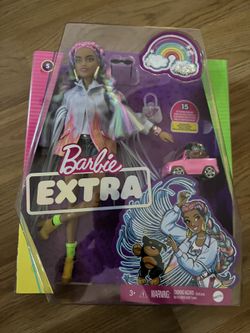 Barbie Extra Doll & Accessories with Rainbow Braids in Long-Fringe Denim Jacket with Pet Puppy and Car for Pet