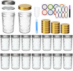 8 oz Mason Jars, Canning Jars,Jam Jars forJelly,Honey, Wedding Favors, Food Storage,Kitchen & DIY Gifts, with Lables,Sponge Brush,Pen,Set of 16