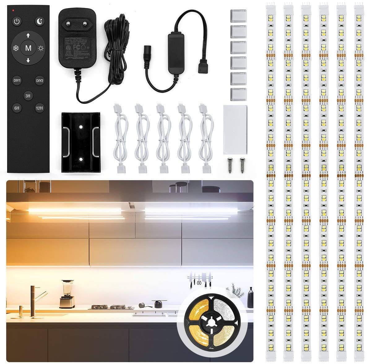 Under Cabinet Lighting Kit Dimmable Tunable White 3000K-6000K, 6 PCS LED Strip Lights with Remote Control Dimmer and Adapter for Kitchen Cabinet, Coun