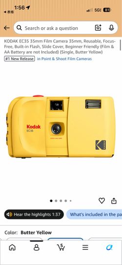 Kodak EC35 35mm Reusable Film Camera (Built-in Flash, Butter Yellow)