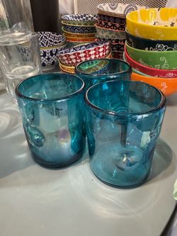 3 Handcrafted aqua blue recycled glass tumblers,  made in Mexico