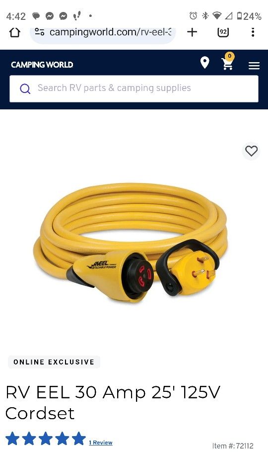 Camco 30 Amp 25' RV Power Cord With Low Profile Folding Male End. 