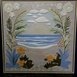 Vintage 1970's Crewel Embroidery Coastal Nautical Wall Art Framed 24"×24"