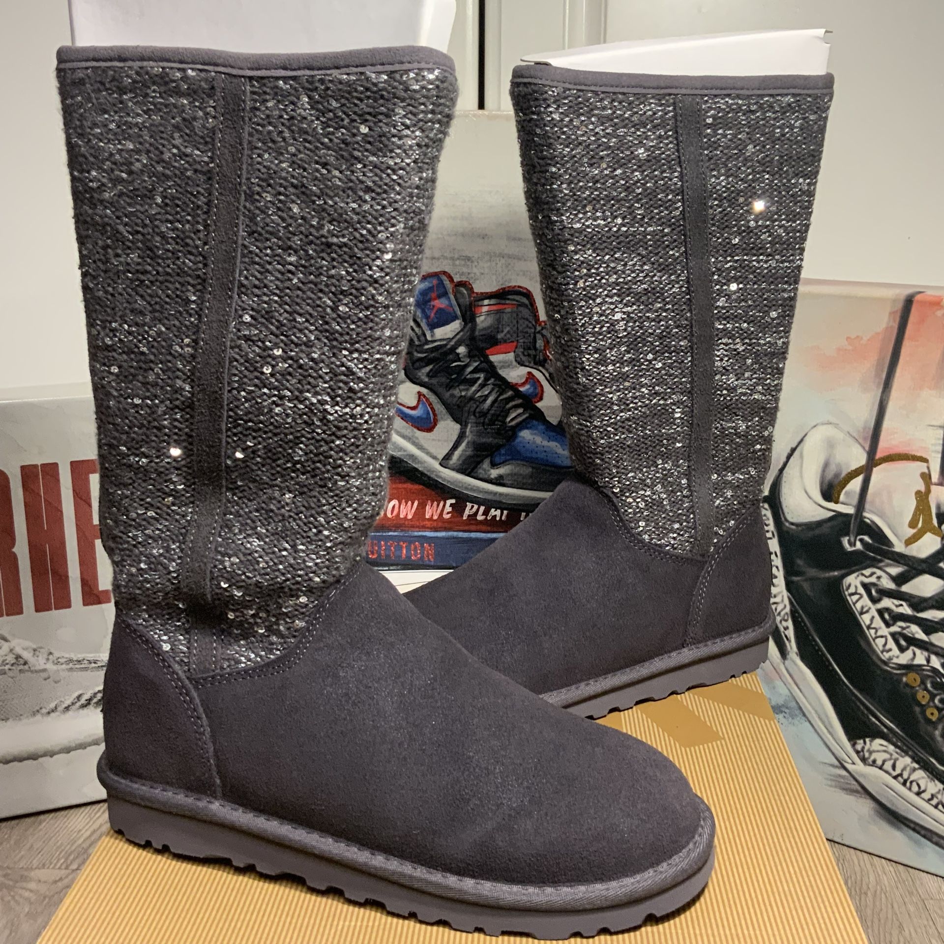 New UGG Australia Womens Camaya Boot Leather Tall Boot Charcoal Size 5, 6