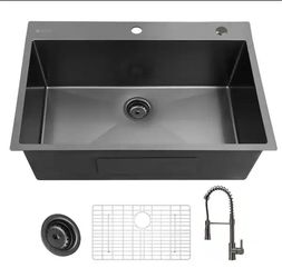 Glacier Bay 33 in. Drop-In Single Bowl 18 Gauge Gunmetal Black Stainless Steel Kitchen Sink with Black Spring Neck Faucet