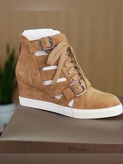 Linea Paola Fave Tan Kid Suede sneaker Wedge Bootie NIB NWT $49 size 6