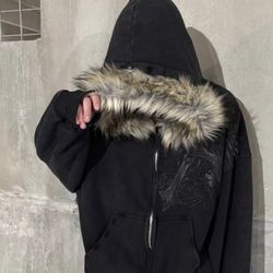 Black Zip Up Hoodie, Fuzzy Hood