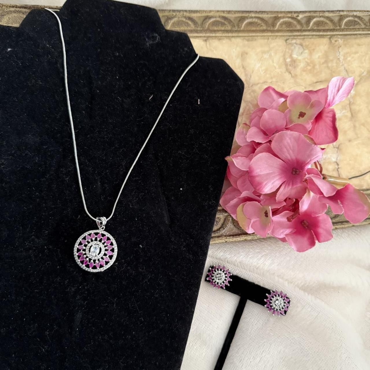 New | Indian Magenta AD Necklace, Earrings Set