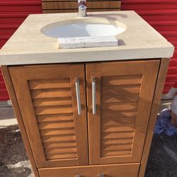 Custom Built Faucet, Sink, Travertine  Stone Top, Solid Wood Cabinet With Self Closing Bottom Drawer