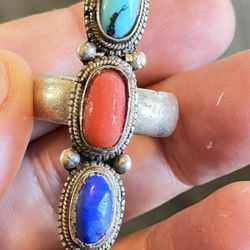 Old Sterling Silver Ring With Good Quality Turquoise,coral And Lapis Gemstones
