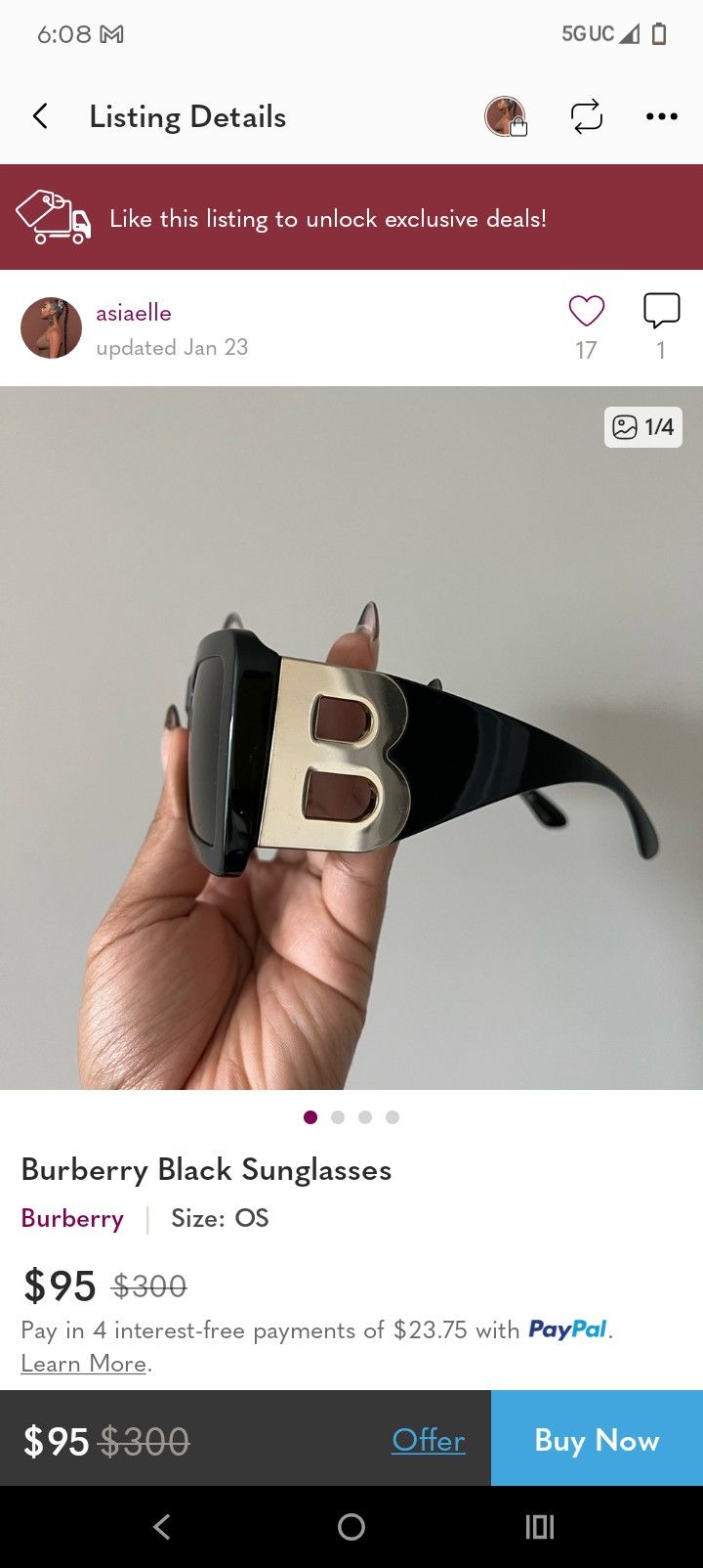Burberry Oversized Gold B Black Sunglasses 