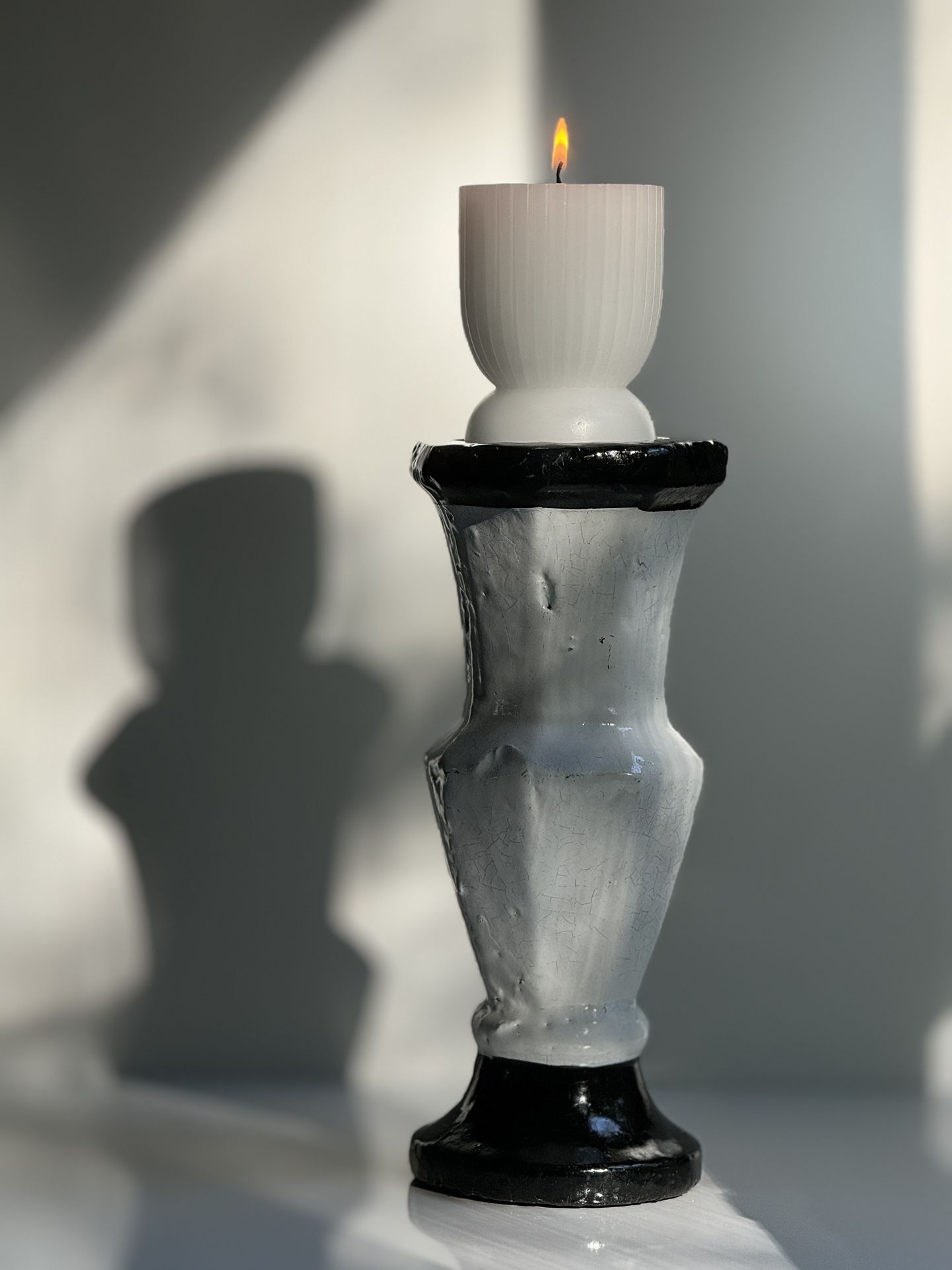 RARE, Vintage Black & White Chunky Heavy Stoneware Pillar Candle Holder