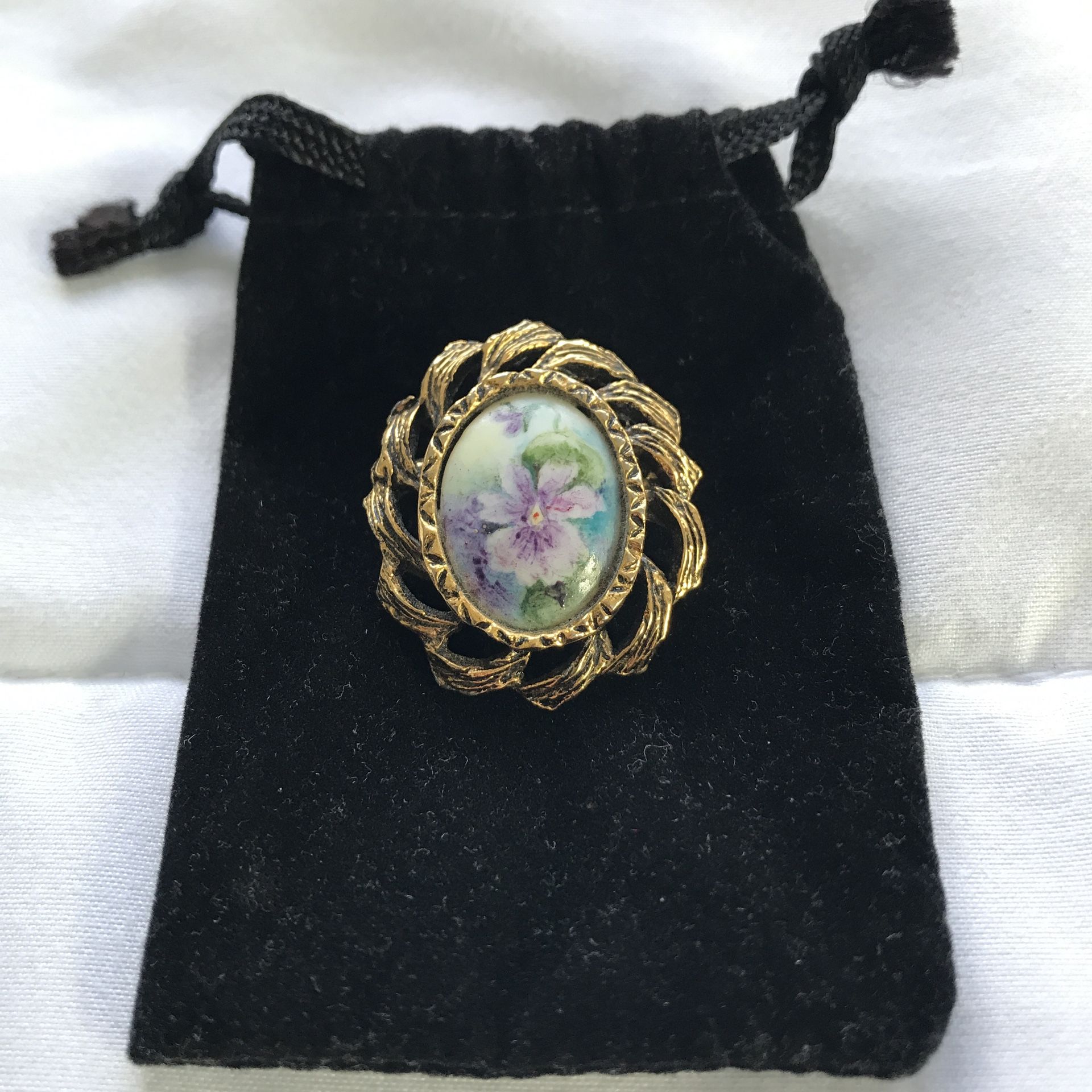 Miniature Painted Floral Porcelain Cameo Brooch