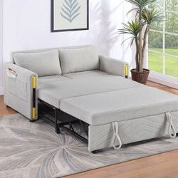 55.5"W Beige Teddy Velvet Sleeper Loveseat with Dual-Pull Sleeper Design