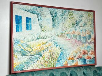 Large impressionist painting of a garden scene