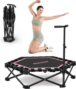42'' Foldable Mini Trampoline, Rebounder Trampoline with Adjustable Foam Handle, Fitness Trampoline for Indoor, Outdoor, Home Gym, Max Load 460lbs