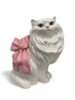 Vintage 80s White Ceramic Persian Cat Figurine with Pink Bow