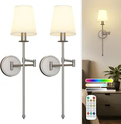 Joosenhouse Battery Operated Wall Sconces Set of 2, 24.8 Inch Brushed Nickel Wireless Dimmable Wall Lamp with Remote Control