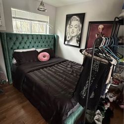 Queen size Emerald green platform bed frame only, w gold hardware