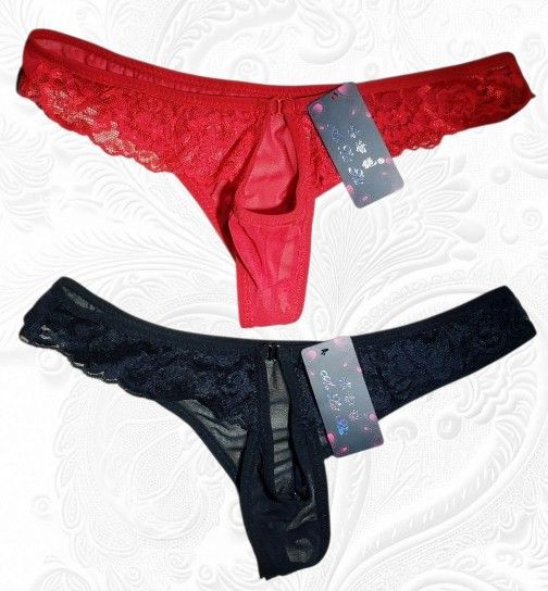 NWT Men's Lace Bikini Briefs Special Pouch Red/Black 2 Pcs Underwear S
