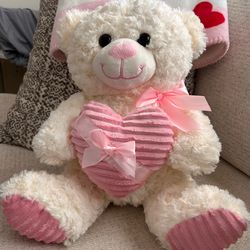 White Teddy Bear with Pink Heart 14”