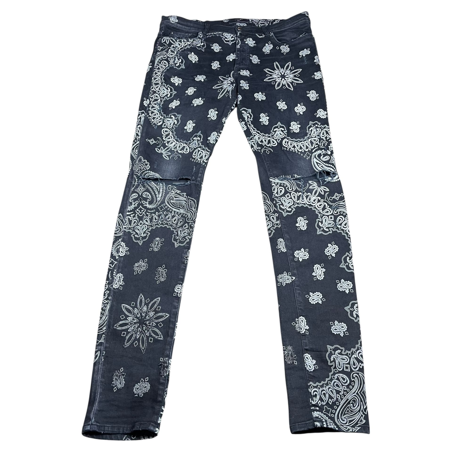 AMIRI Flocked Paisley Bandana Denim Jeans Aged Black Size 38 Designer Authentic Men’s