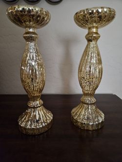 Set of 2 Mercury Glass Pillar Candle Holders 13", new giftable $10
