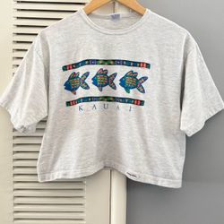 Vintage 90’s KAUAI HAWAII Fish Crazy Shirt Hawaii Cropped Style T-shirt Womens Large