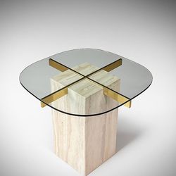 Italian Post Modern Travertine Stone & Brass Side Table by Artedi, c.1970's - Delivery Available
