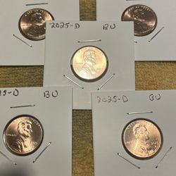 Lot of 5 (2025D) BU Pennies