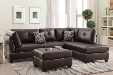 New bonded leather studded dark espresso sofa sectional