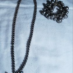 Beautiful Silver Colored Beaded Necklace W/ Bowtie Charm & Dangle Bracelet 