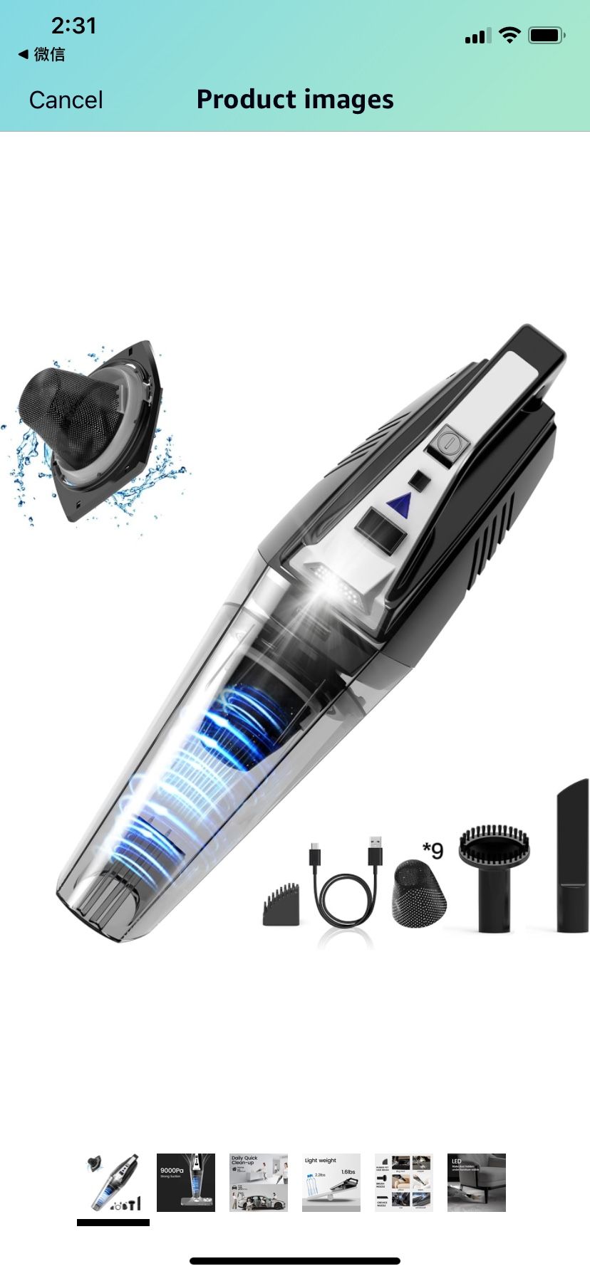 Handheld Vacuum Cordless, Car Vacuum Cleaner with 9500Pa Suction, Portable Rechargeable USB-C Small Vac with LED Light for Home, Car