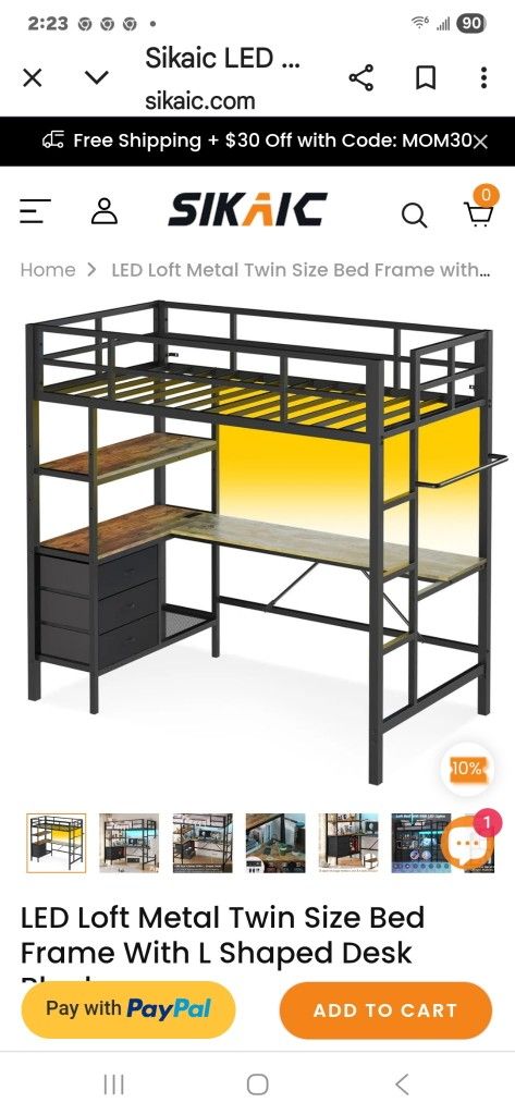 Ikea White Metal Twin Sized Bed Loft Frame with L Shaped Desk and LED Lights