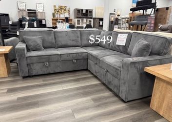 Elegant‼️ 3-Pc Gray Convertible Sectional Sofa With Storage, Pullout Bed, &USB Port