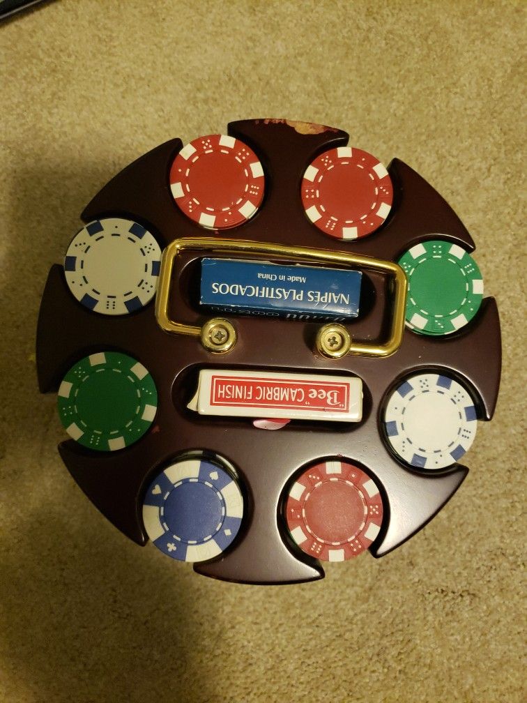 Poker Container (Spins Around) Chips And 2 Deacks Of Cards 