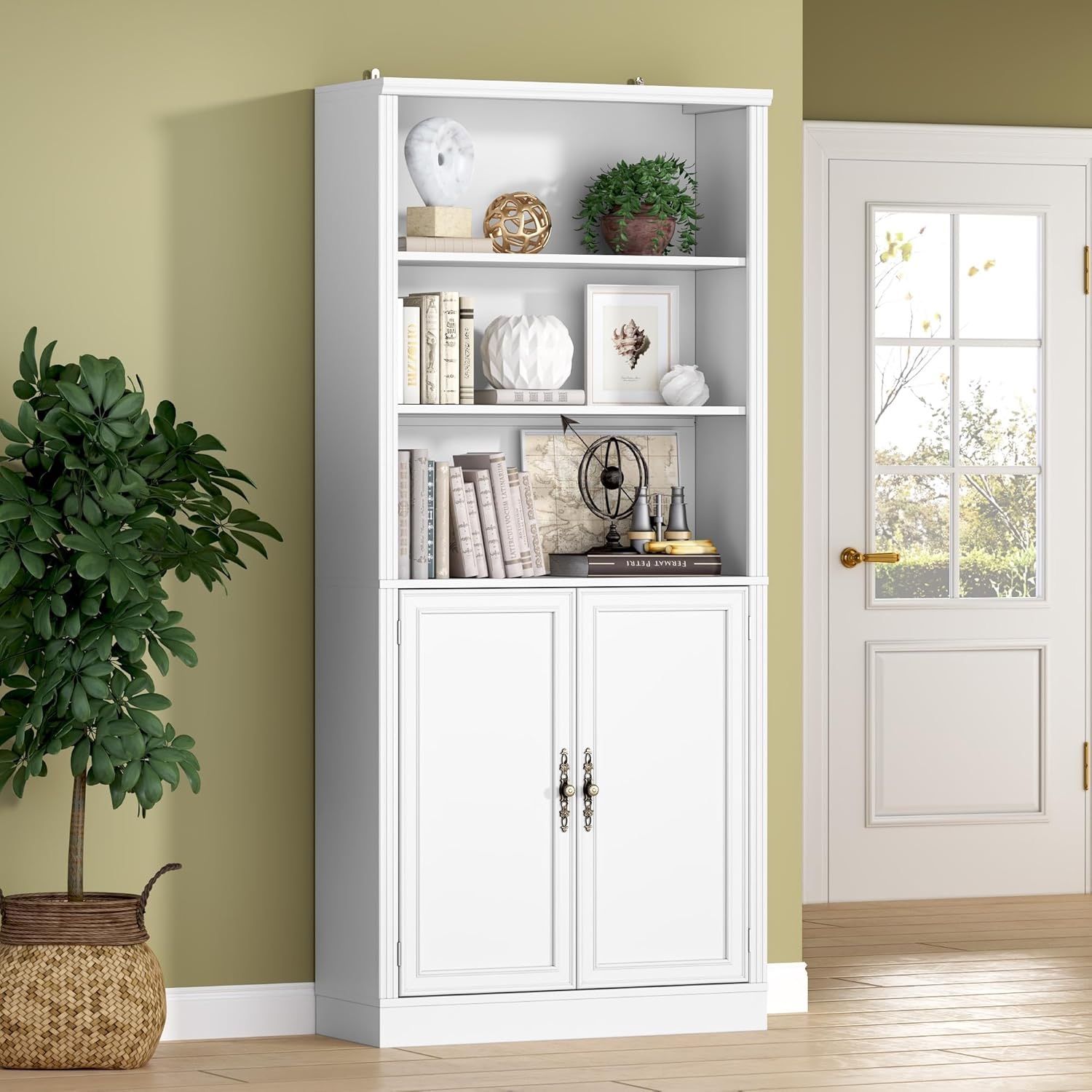 71.4" Tall Bookshelf with Cabinet, 5-Tier Floor Standing Bookcase with Doors & Adjustable Shelves, 31.5" Wide Storage Shelf, Metal Handles, Modern Org